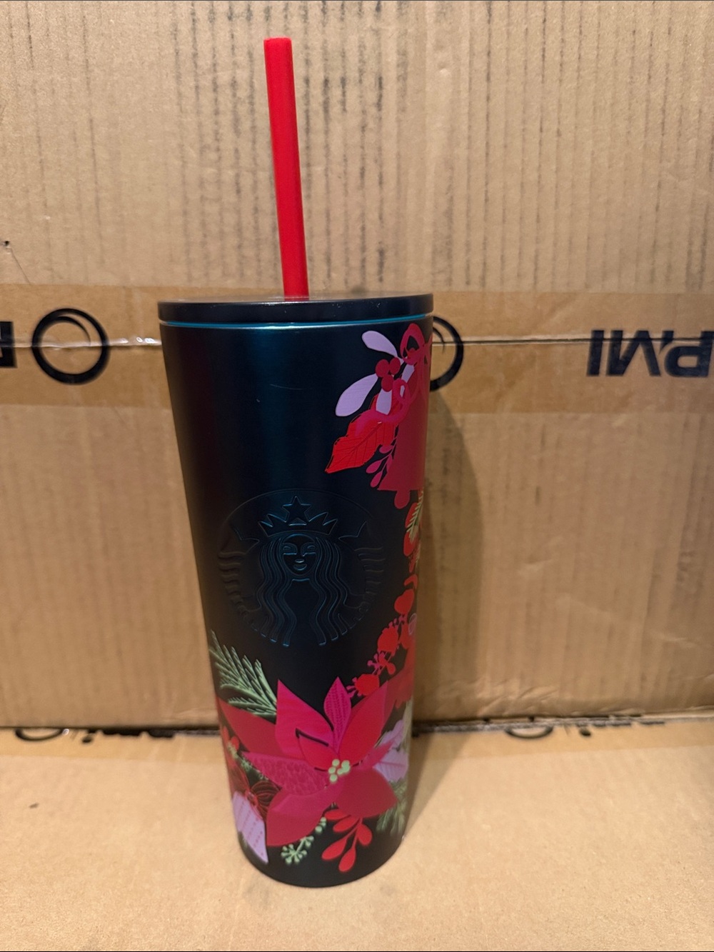 Starbucks Black Tumbler with Red Floral Accents and Red Straw